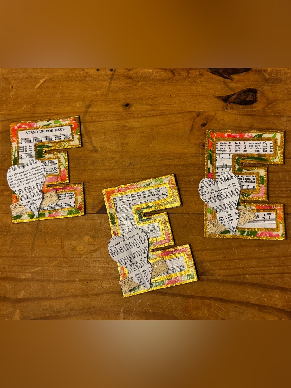 Handmade Decorative Letter “E” - Floral and Hymnal Music Sheets